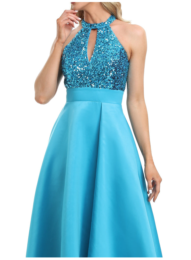 Vestido de Festa Longo em Cetim com Parte Superior Detalhada em Paetês Azul Serenity