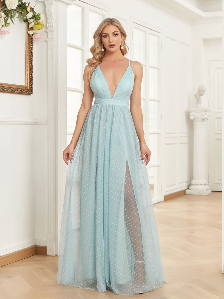 Vestido de Festa Longo em Camadas com Decote V Profundo