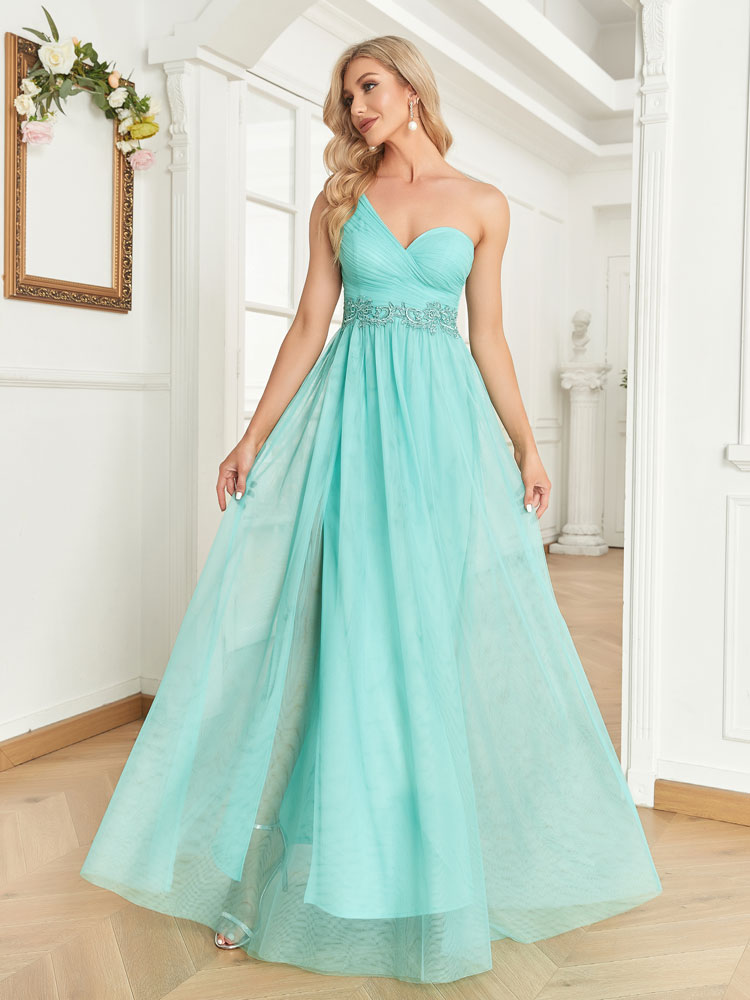 Vestido de Festa Longo Ombro Único em Azul Tiffany (Pronta Entrega)
