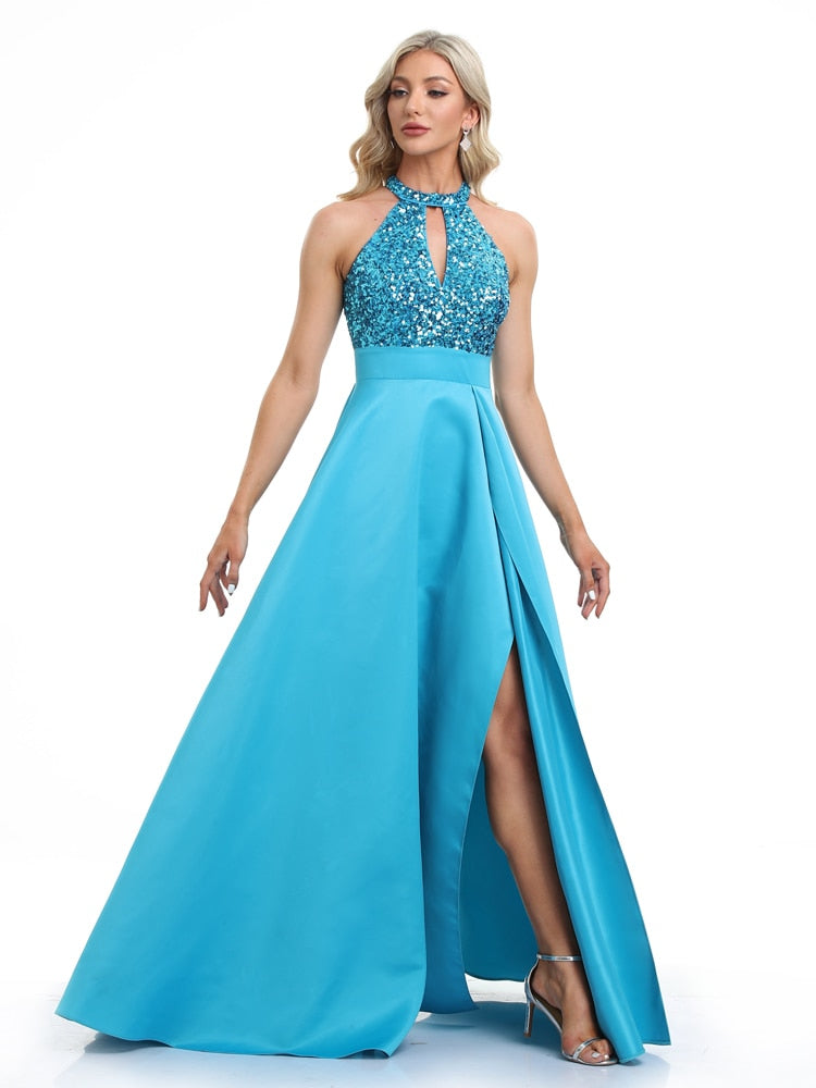 Vestido de Festa Longo em Cetim com Parte Superior Detalhada em Paetês Azul Serenity
