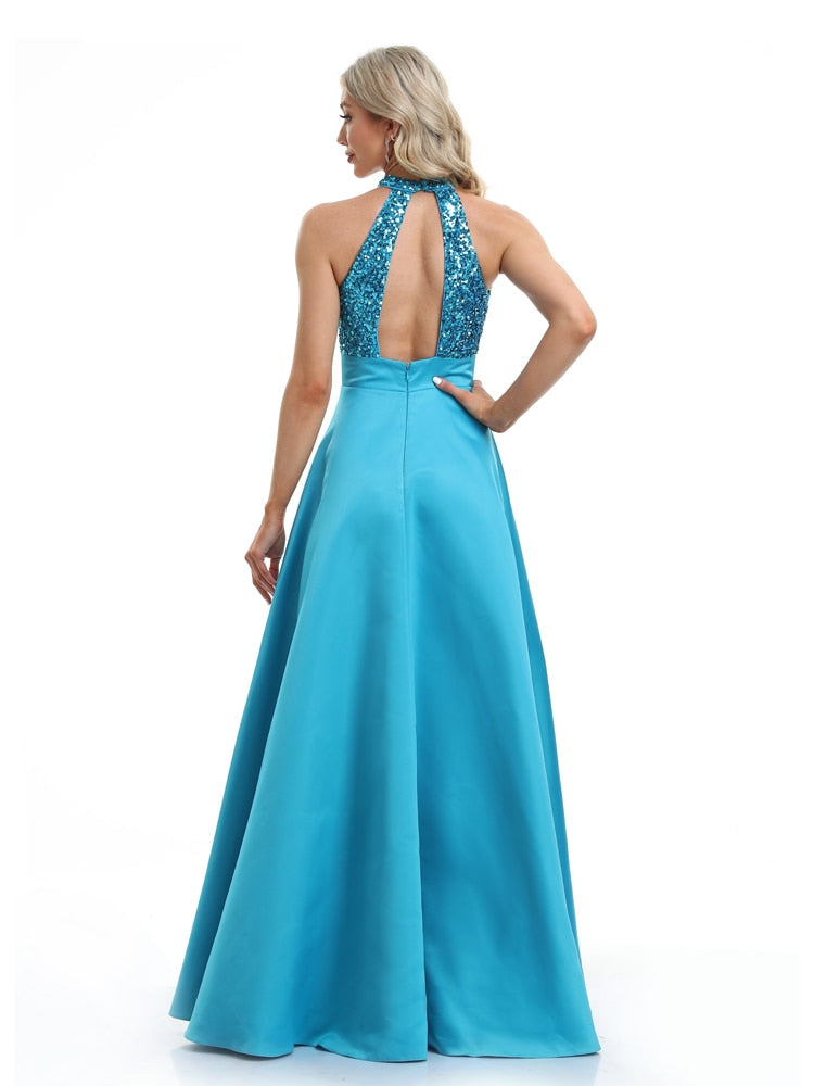 Vestido de Festa Longo em Cetim com Parte Superior Detalhada em Paetês Azul Serenity
