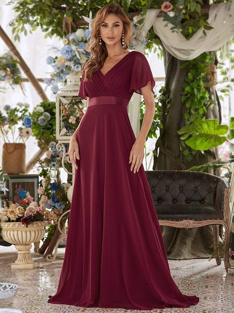 Vestido de Festa Longo com Faixa de Cetim Marsala
