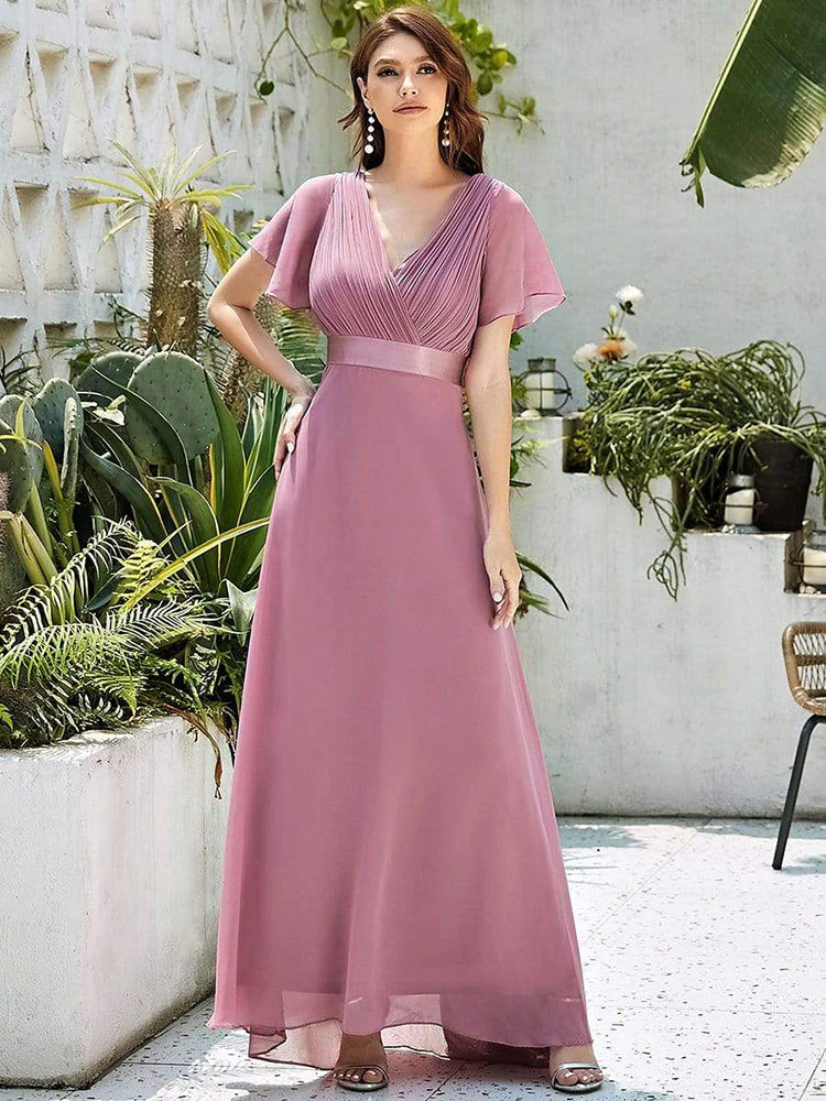 Vestido de Festa Longo com Faixa de Cetim Rosa Empoeirado