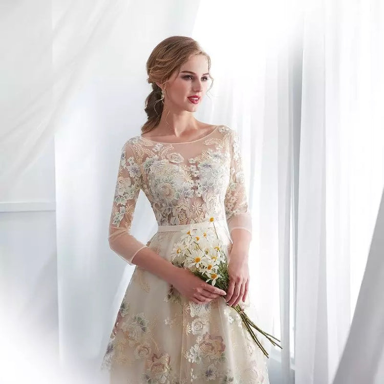 Vestido de Festa Luxo em Tule Champanhe com Estampa Floral