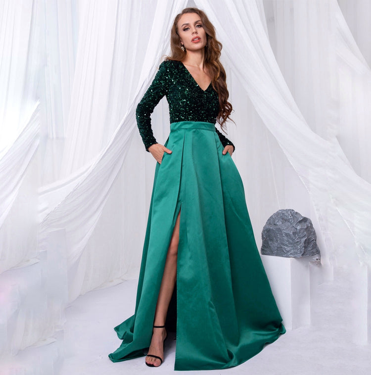 Vestido de Festa Longo Brilho com Abertura Lateral Verde