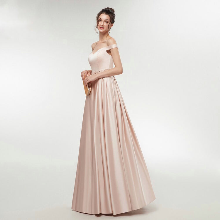 Vestido de Festa Longo Ombro a Ombro em Cetim com Cinto Decorado - Modelo Especial