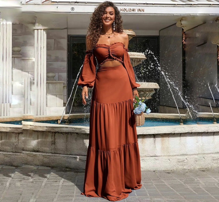 Vestido Longo com Tecido em Dupla Camada e Manga Lanterna