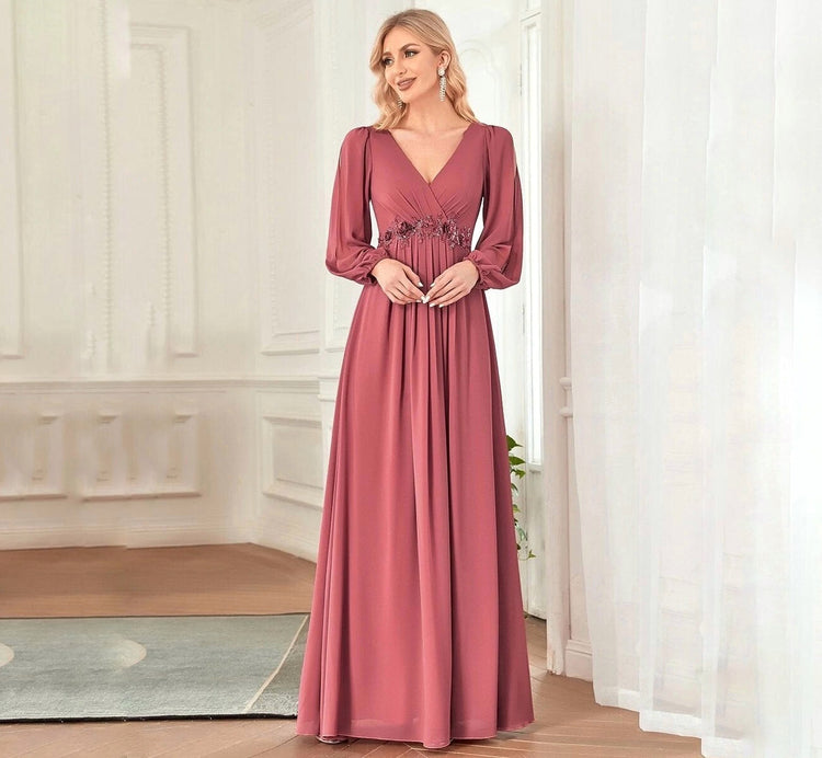 Vestido de Festa Longo Elegante Clássico com Apliques Florais (Pronta Entrega)