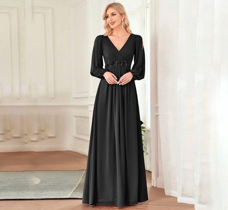 Vestido de Festa Longo Elegante Clássico com Apliques Florais (Pronta Entrega)