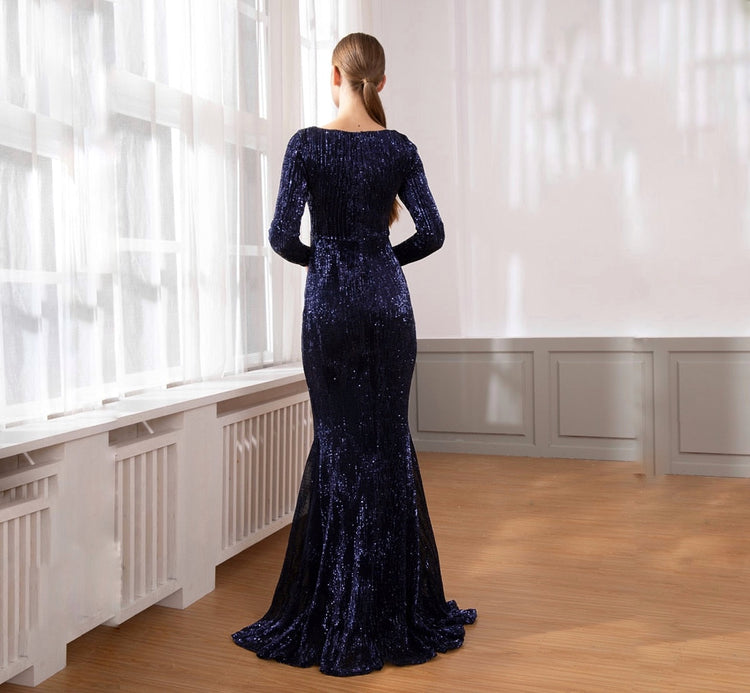 Vestido de Festa Longo Elegante com Manga Azul Marinho