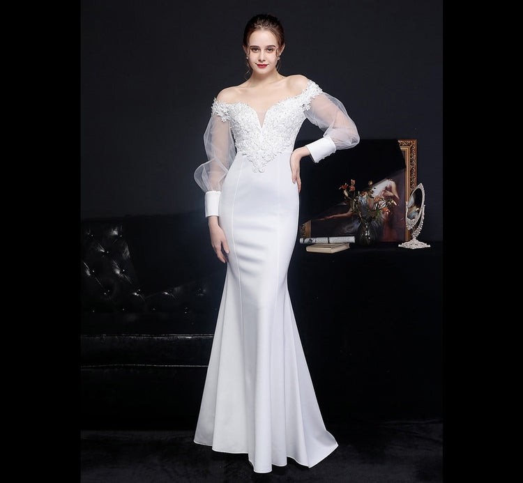 Vestido de Festa Longo Sereia com Manga com Renda e Detalhes Bordados Branco