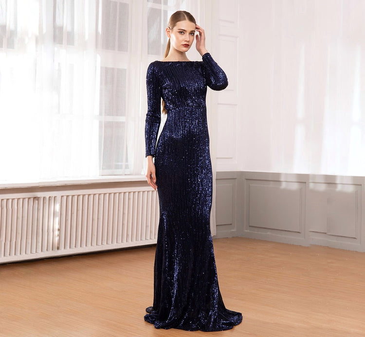 Vestido de Festa Longo Elegante com Manga Azul Marinho