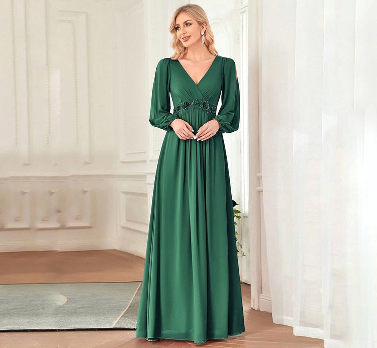 Vestido de Festa Longo Elegante Clássico com Apliques Florais (Pronta Entrega)