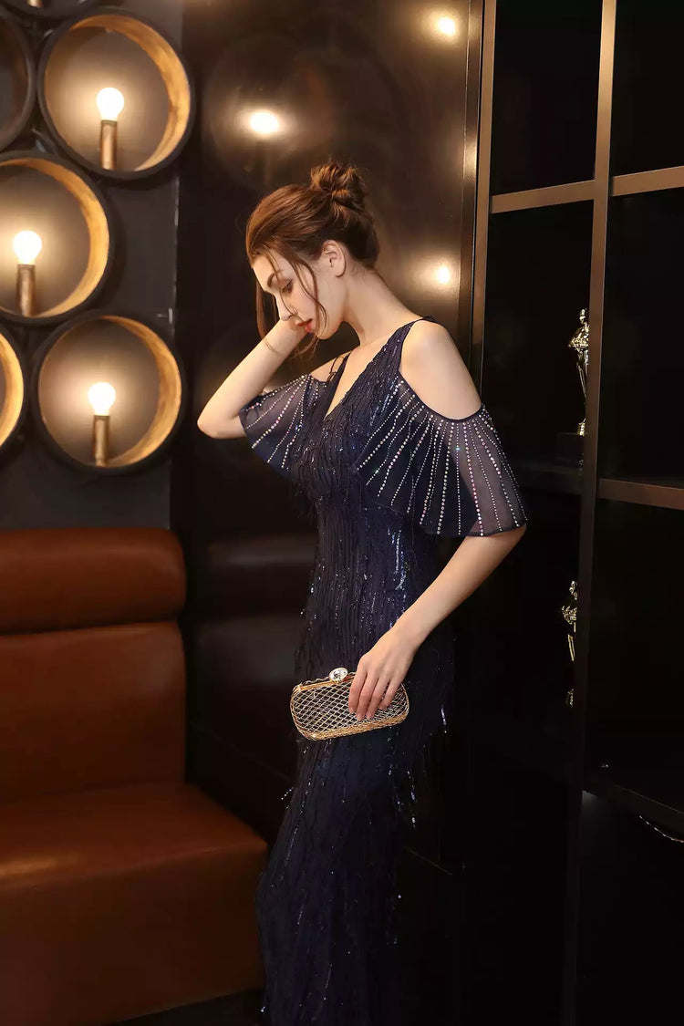 Vestido de Festa Longo Sereia com Detalhes em Brilhos Cristais Azul Marinho