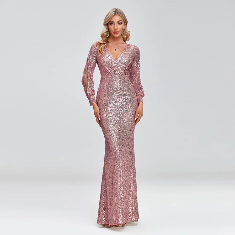 Vestido de Festa Longo to Detalhado em Paetês Rosé