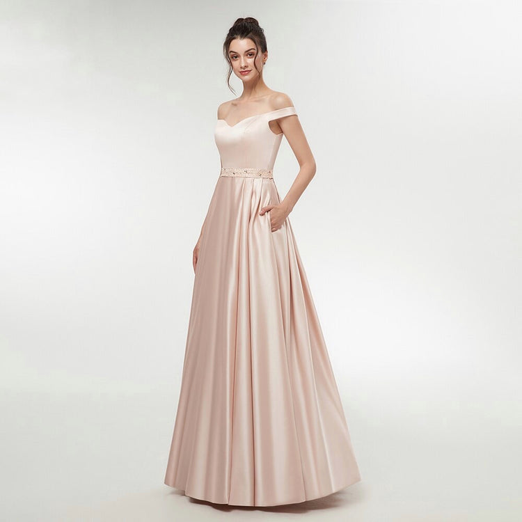 Vestido de Festa Longo Ombro a Ombro em Cetim com Cinto Decorado - Modelo Especial