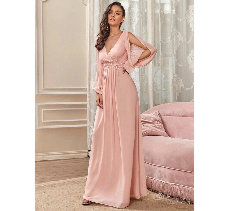 Vestido de Festa Longo Elegante Clássico com Apliques Florais (Pronta Entrega)