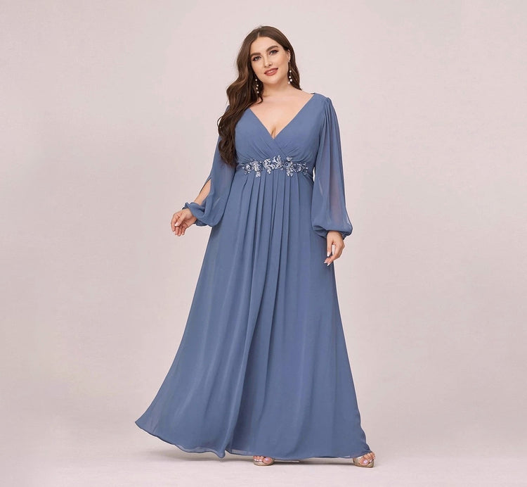 Vestido de Festa Longo Elegante Clássico com Apliques Florais