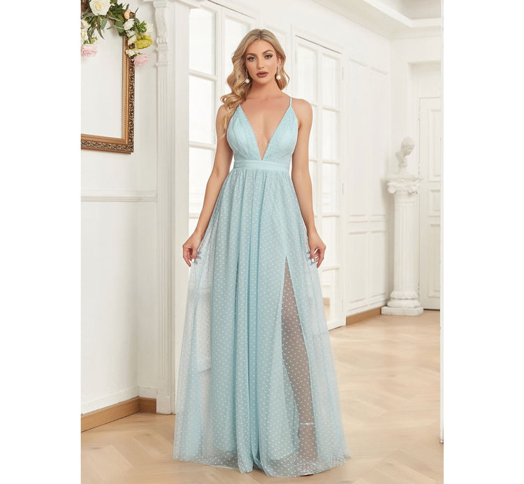 Vestido de Festa Longo em Camadas com Decote V Profundo
