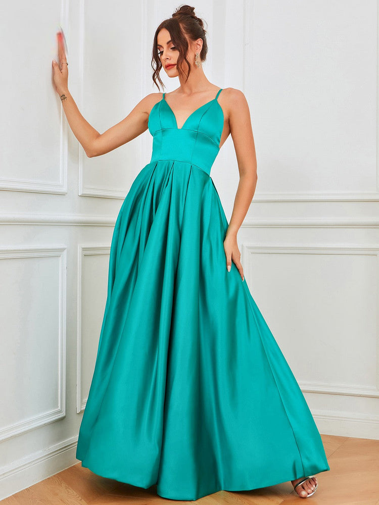 Vestido de Festa Longo em Cetim e Alça Espaguete (Pronta Entrega)
