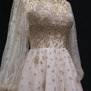 Vestido de Festa Champanhe com Cristais Dourado Royal