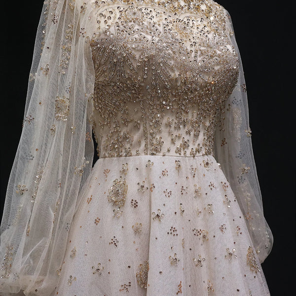 Vestido de Festa Champanhe com Cristais Dourado Royal