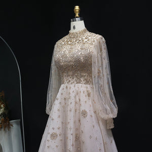 Vestido de Festa Champanhe com Cristais Dourado Royal