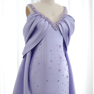 Vestido de Festa Longo Luxuoso O-Neck em Cristais Lilás