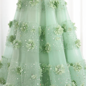 Vestido de Festa Longo Verde com Flores 3D