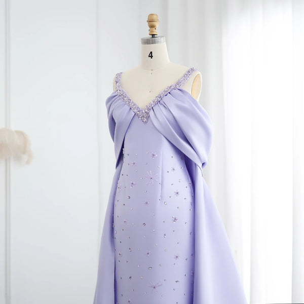 Vestido de Festa Longo Luxuoso O-Neck em Cristais Lilás