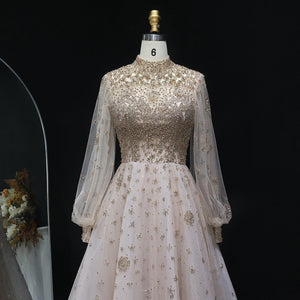 Vestido de Festa Champanhe com Cristais Dourado Royal