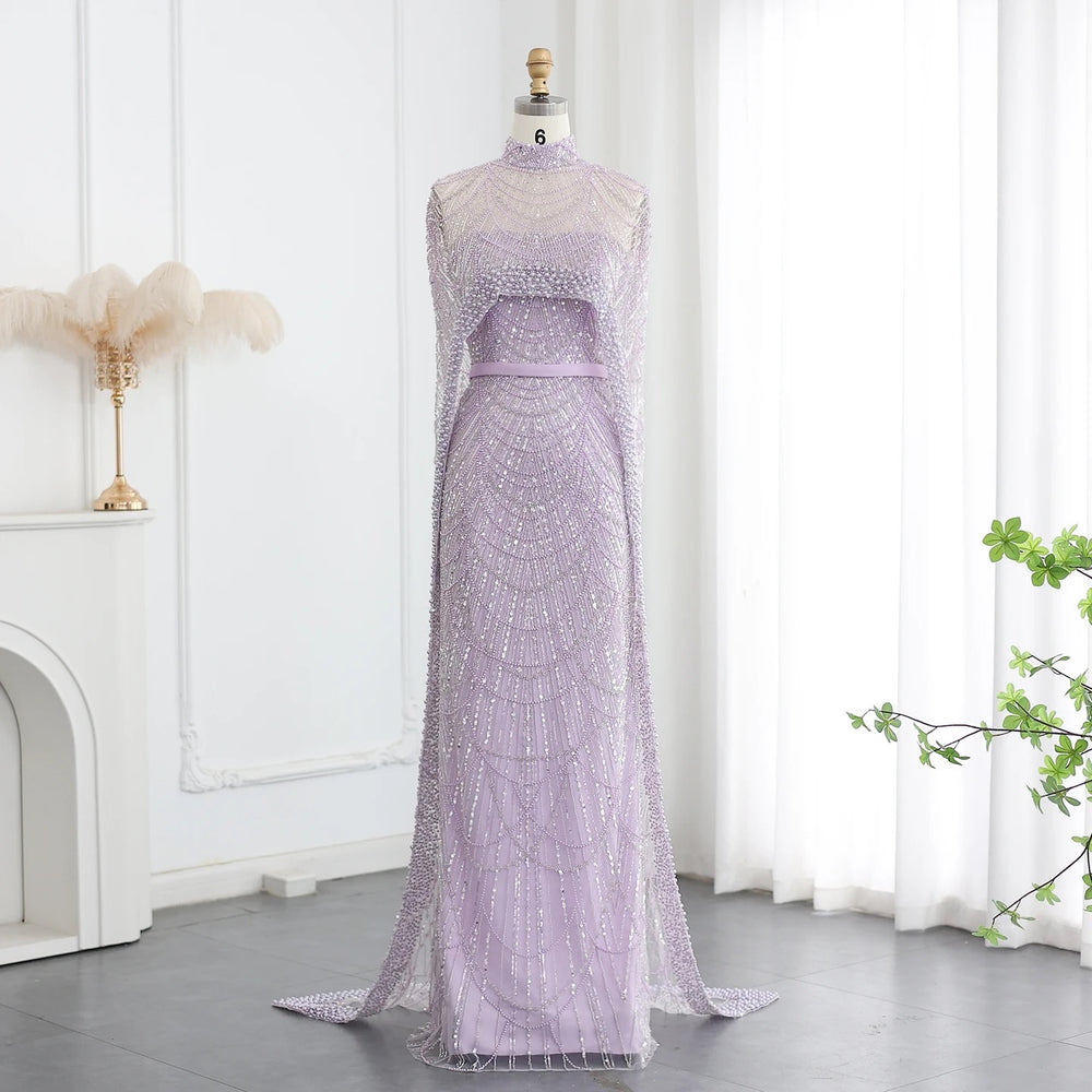Vestido de Festa Luxuoso com Pérolas e Capa Lavanda (Pronta Entrega)