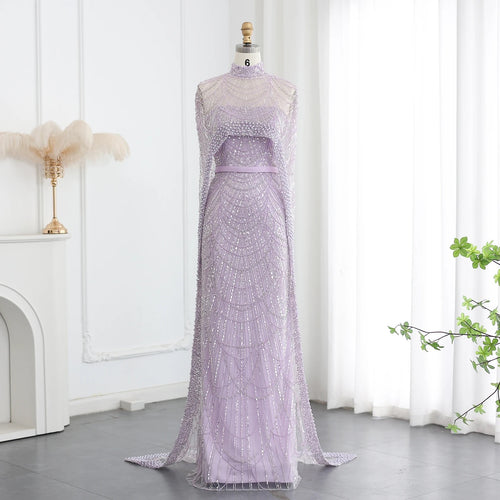 Vestido de Festa Luxuoso com Pérolas e Capa Lavanda (Pronta Entrega)