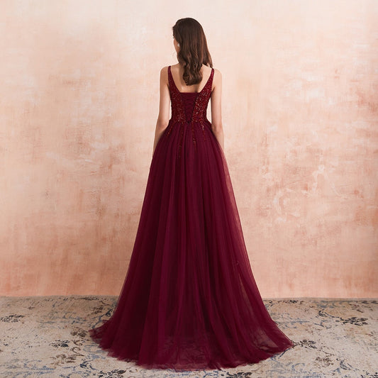 Vestido de Festa Longo Marsala em Tule com Detalhes em Cristais (Pronta Entrega)