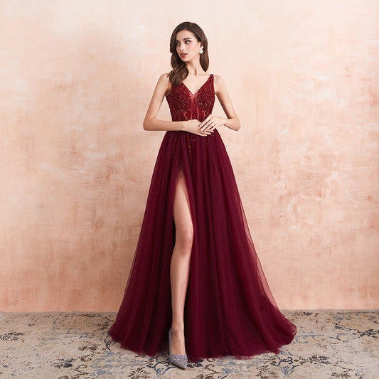 Vestido de Festa Longo Marsala em Tule com Detalhes em Cristais (Pronta Entrega)