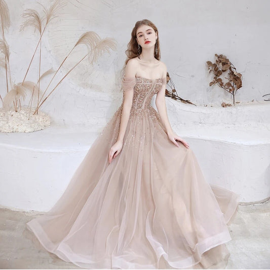 Vestido de Festa Longo em Tule Brilho Marfim (Pronta Entrega)