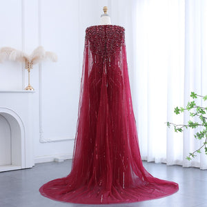 Vestido de Festa Maxi Luxo Adornado em Cristais com Capa Detalhada