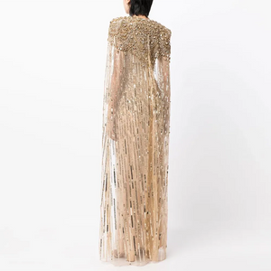 Vestido de Festa Maxi Luxo Adornado em Cristais com Capa Detalhada