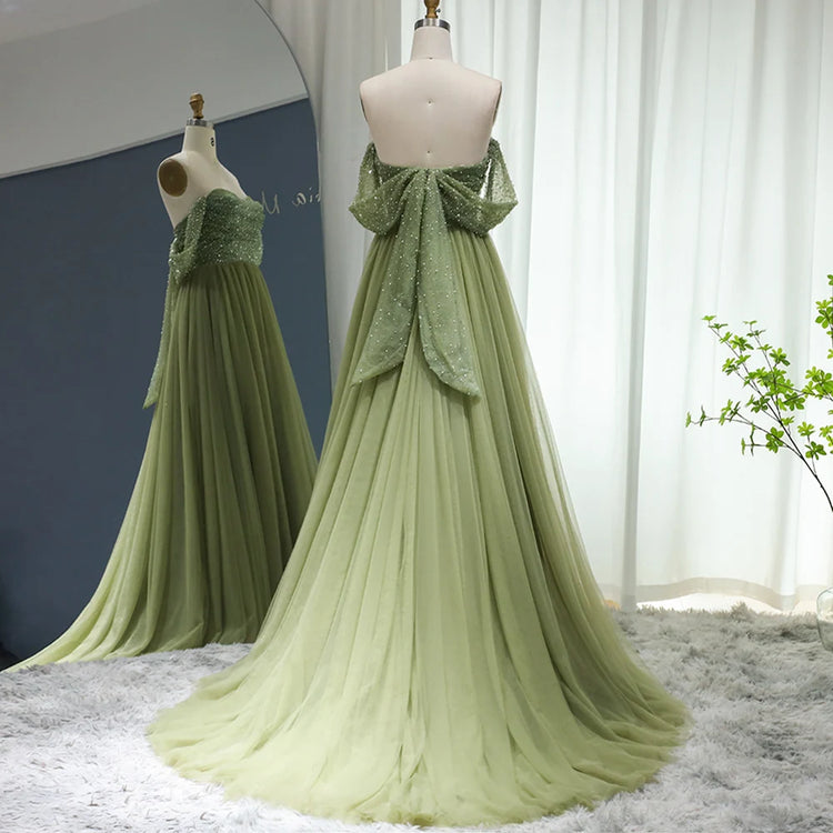 Vestido de Festa Verde Longo com Detalhe Laço Brilho - Modelo Especial