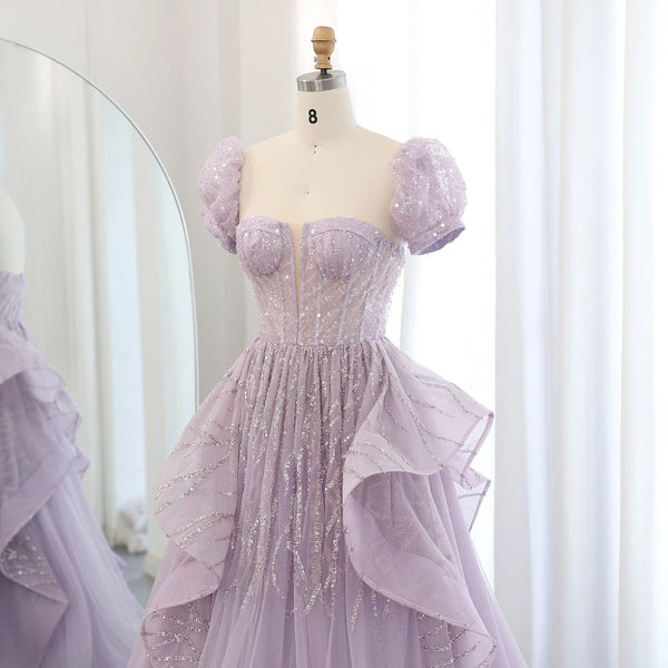 Vestido de Festa Longo Lilás Brilhante com Saia em Renda Volumoso