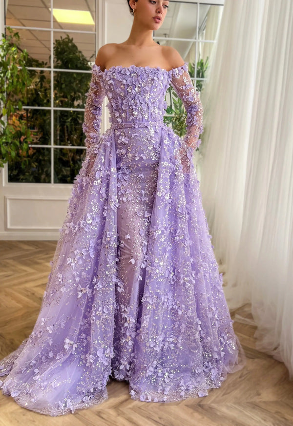 Vestido de Festa Longo Luxo com Cascata de Flores e Pedraria - Modelo Especial