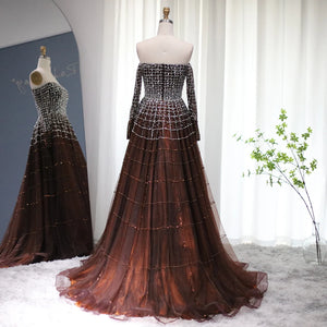 Vestido de Festa Luxo Ombro a Ombro em Terracota com Pedraria - Modelo Especial