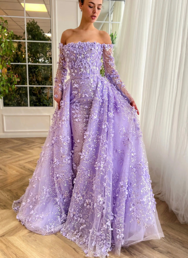 Vestido de Festa Longo Luxo com Cascata de Flores e Pedraria - Modelo Especial