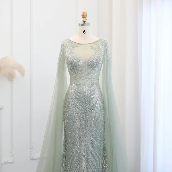 Vestido de Festa Longo Sereia com Capa Fluida em Tule