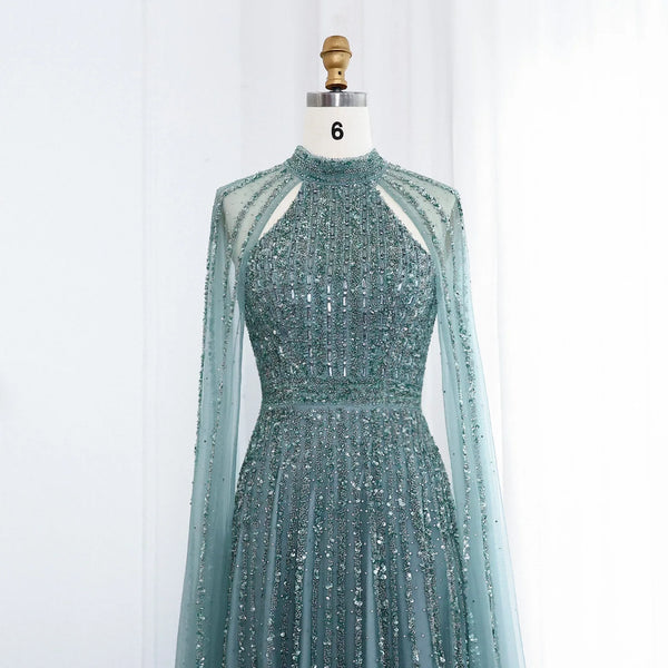 Vestido de Festa Luxo Longo com Manga Capa Beauty