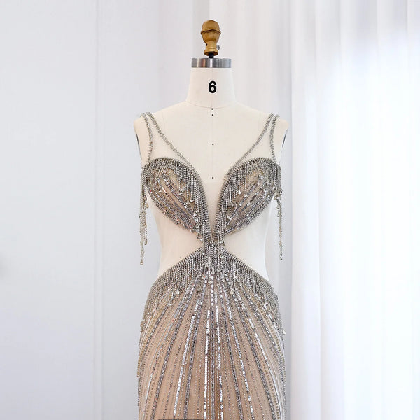 Vestido de Festa Longo com Cristais Butterfly Champanhe