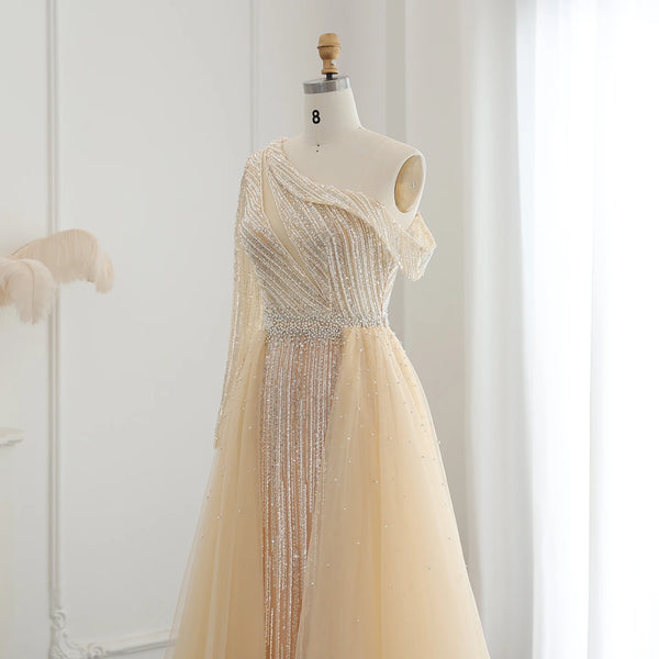 Vestido Elegante de Um Ombro com Sobressaia em Renda