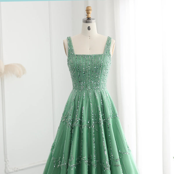 Vestido de Festa Verde Longo com Alça Estilo Spaghetti e Bordados