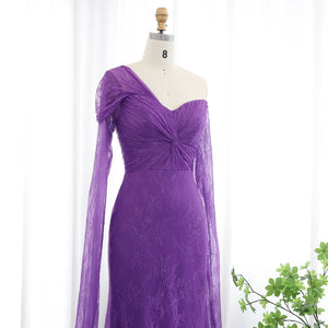 Vestido Sereia Ombro a Ombro com Renda e Capa Roxo