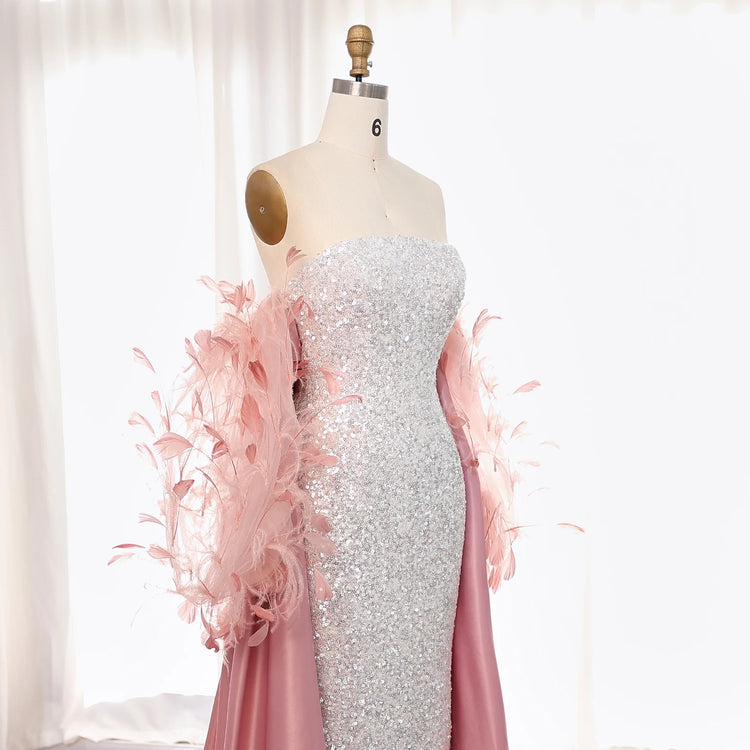 Vestido de Festa Luxuria Intensa Rosa com Plumas Brilho - Modelo Especial